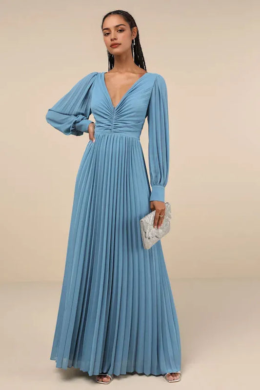 Elegant Sky-Blue Pleated A-Line V-Neck Classic-Sleeve Classic-Back Floor-Length Evening Dress