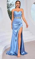 Sky Blue Evening Dresses with Strapless Sweetheart Neckline Sheer Waist Detail, and High Side Slit Perfect for Formal Galas and Red - Carpet Events