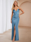 Sky Blue Prom Dress Spaghetti Straps Subtle Slit Understated Sophistication for Gala Nights
