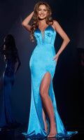 Sky Blue Prom Dress with Deep V Neck Corset Style Bodice and High Side Slit Perfect for Formal Evening Occasions