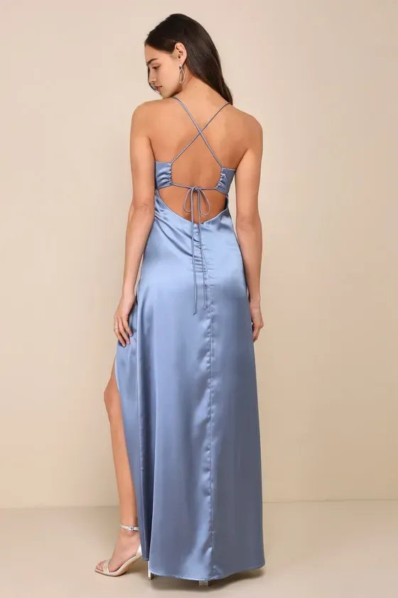 Sky Blue Prom Dress with Spaghetti Straps Ruched Sweetheart Neckline and High Thigh Side Slit for Formal Occasions