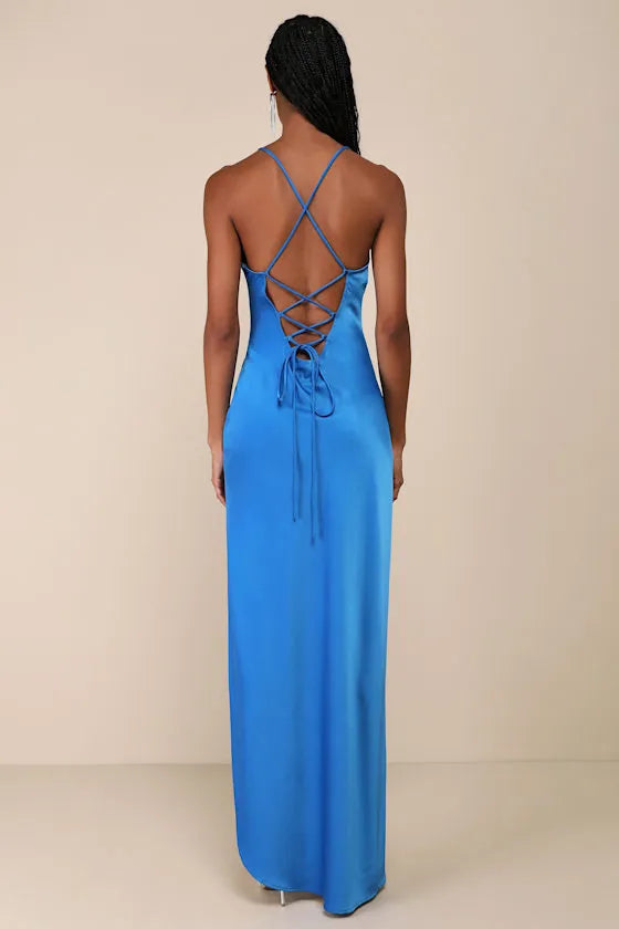 Sky Blue Prom Dress with Spaghetti Straps Sweetheart Neckline and Asymmetric High Slit Skirt for Formal Occasions