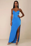Sky Blue Prom Dress with Spaghetti Straps Sweetheart Neckline and Asymmetric High Slit Skirt for Formal Occasions