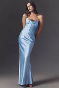 Sky Blue Sheath Cowl Neck Spaghetti Strap Up Floor-Length Ruffled Back Long Prom Dresses