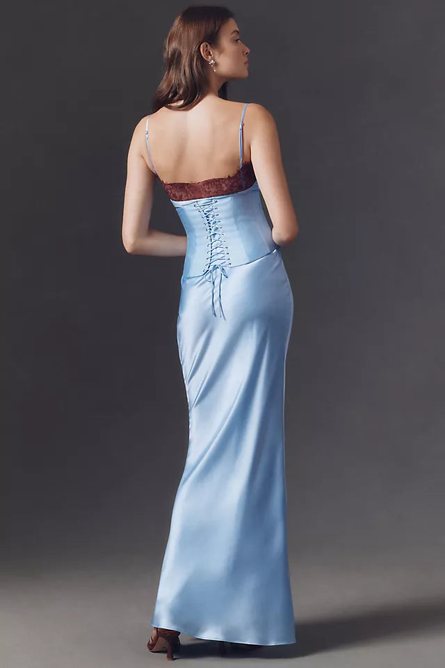 Sky Blue Sheath Cowl Neck Spaghetti Strap Up Floor-Length Ruffled Back Long Prom Dresses