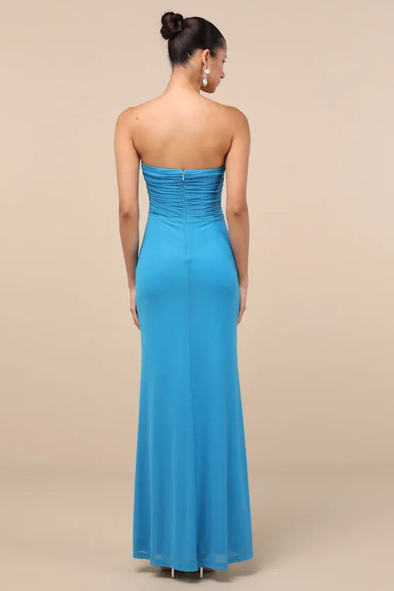 Sky Blue Strapless Evening Dresses with Ruched Bodice Asymmetric Wrap Skirt High Side Slit