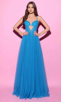 Sky Blue Evening Dresses with Asymmetric Crystal Strap Plunge Neckline, Cut Out Detail, and Flowing A - Line Skirt