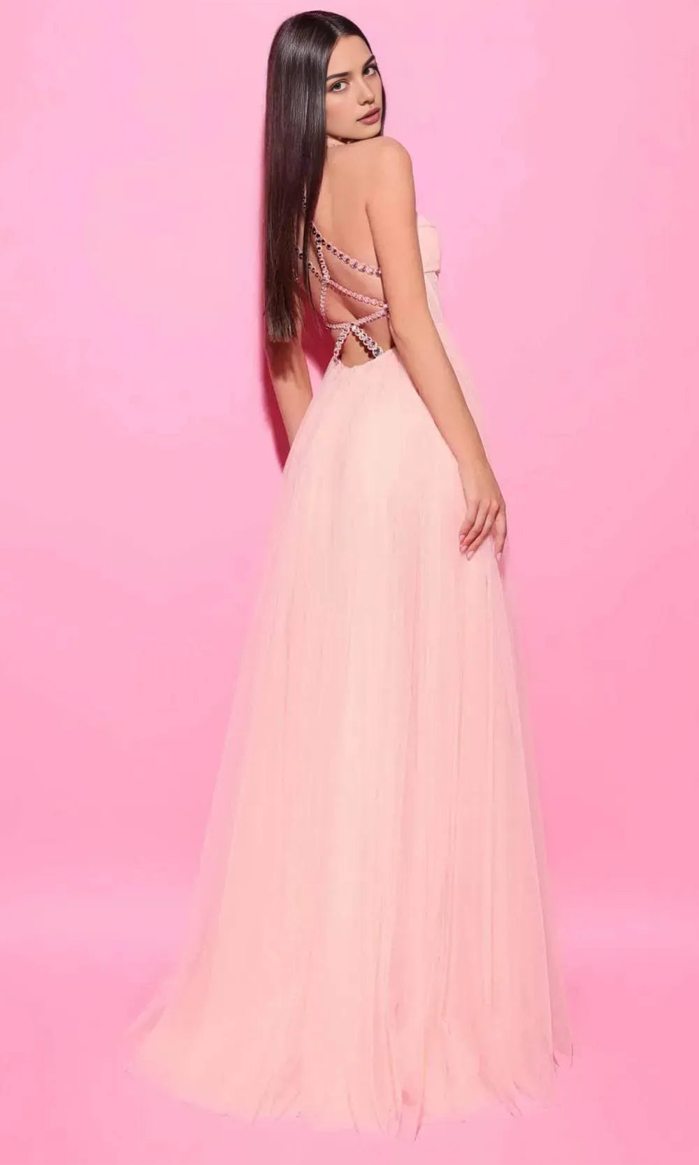 Sky Blue Evening Dresses with Asymmetric Crystal Strap Plunge Neckline, Cut Out Detail, and Flowing A - Line Skirt