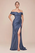 Blue Slate Off - Shoulder Prom Dress with Draped Detail and High Slit