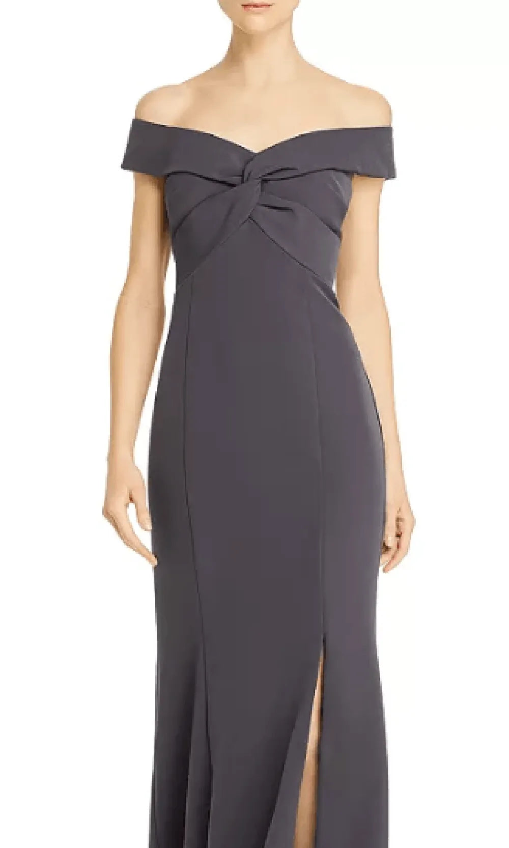 Gray Slate Off - Shoulder Evening Gown featuring Twist Front Detail Mermaid Fit and High Slit