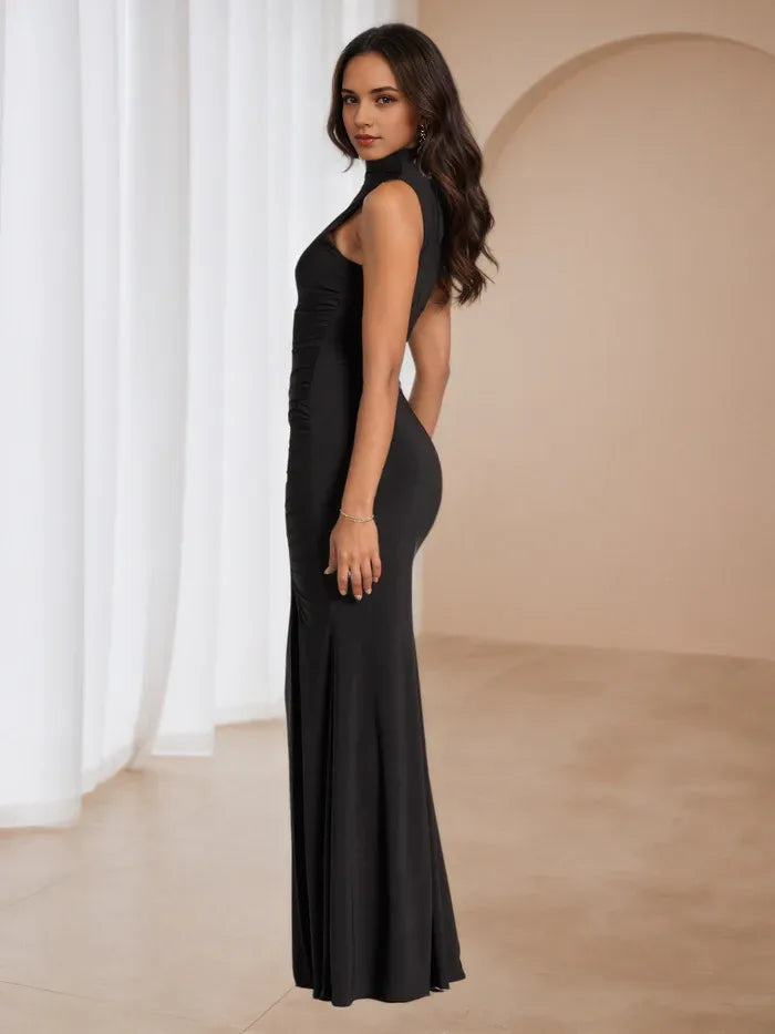 Black Sleeveless Prom Gown High Neck Ruched Detailing, and Side Slit for Sophisticated Nights