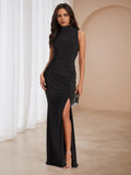 Black Sleeveless Prom Gown High Neck Ruched Detailing, and Side Slit for Sophisticated Nights