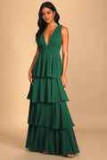 Black Sleeveless Emerald Green Evening Dress with Deep V - Neck and Tiered Skirt Perfect for Tie Occasions