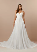 Spaghetti Strap A-Line V-Neck Wedding Dress Sheer Fabric Floral Embroidery Plunging Ball Gown Silhouette Train