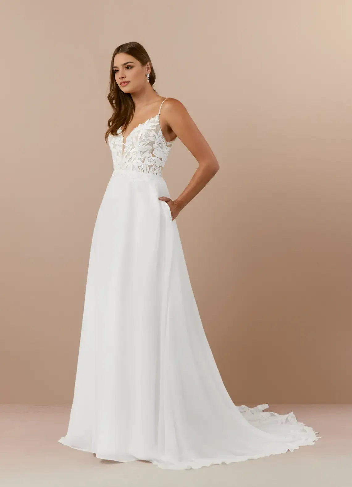 Champagne Spaghetti Strap A-Line V-Neck Sequins Wedding Attire Plunging Bodice Skirt Functional