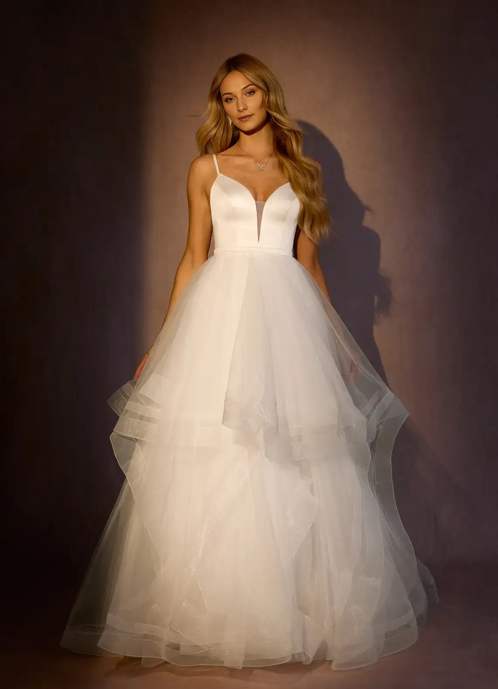 Spaghetti Strap V - Neck Wedding Dress with Layered Skirt and Bodice for a Dreamy Bridal Look