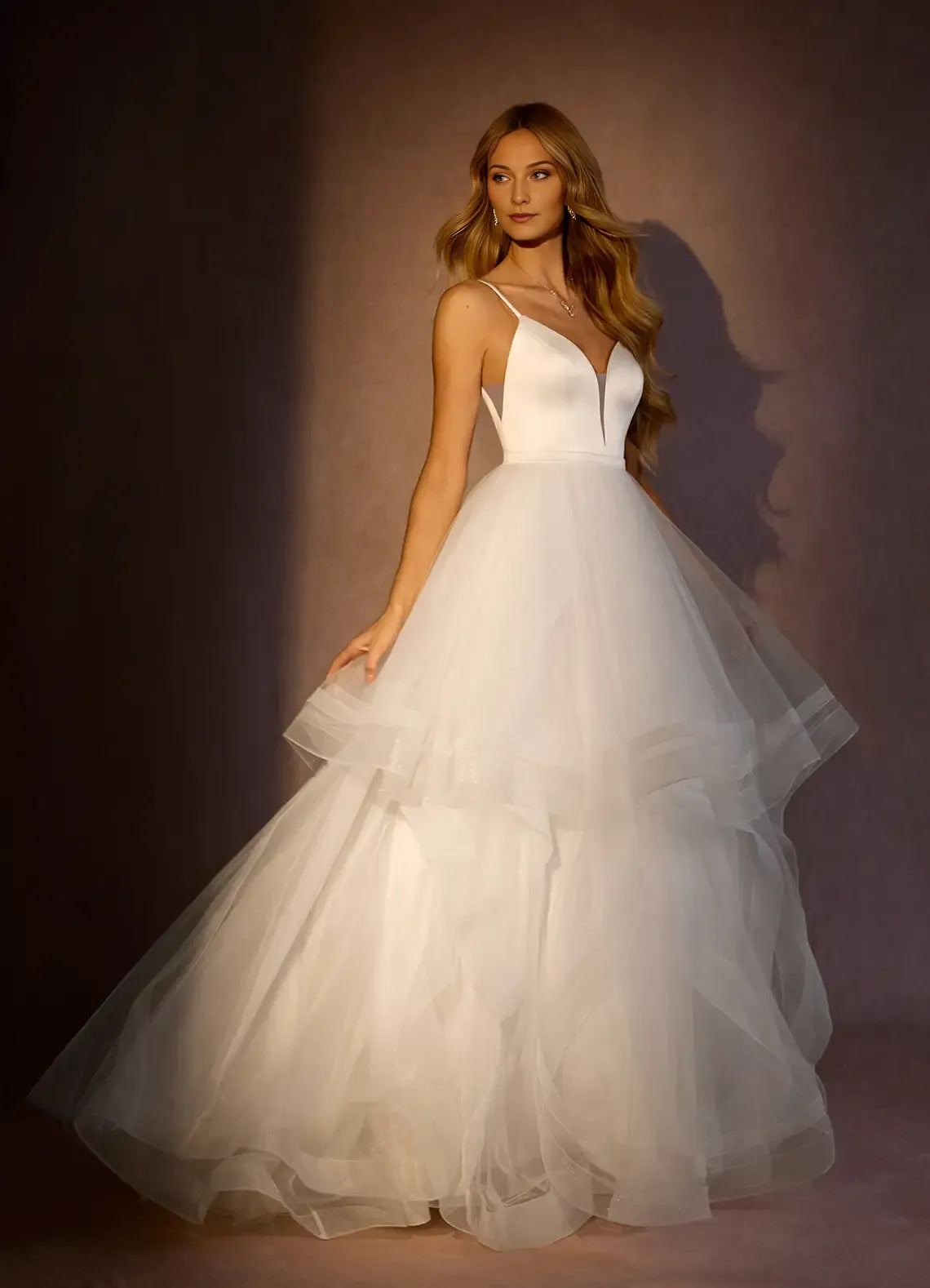 Spaghetti Strap V - Neck Wedding Dress with Layered Skirt and Bodice for a Dreamy Bridal Look