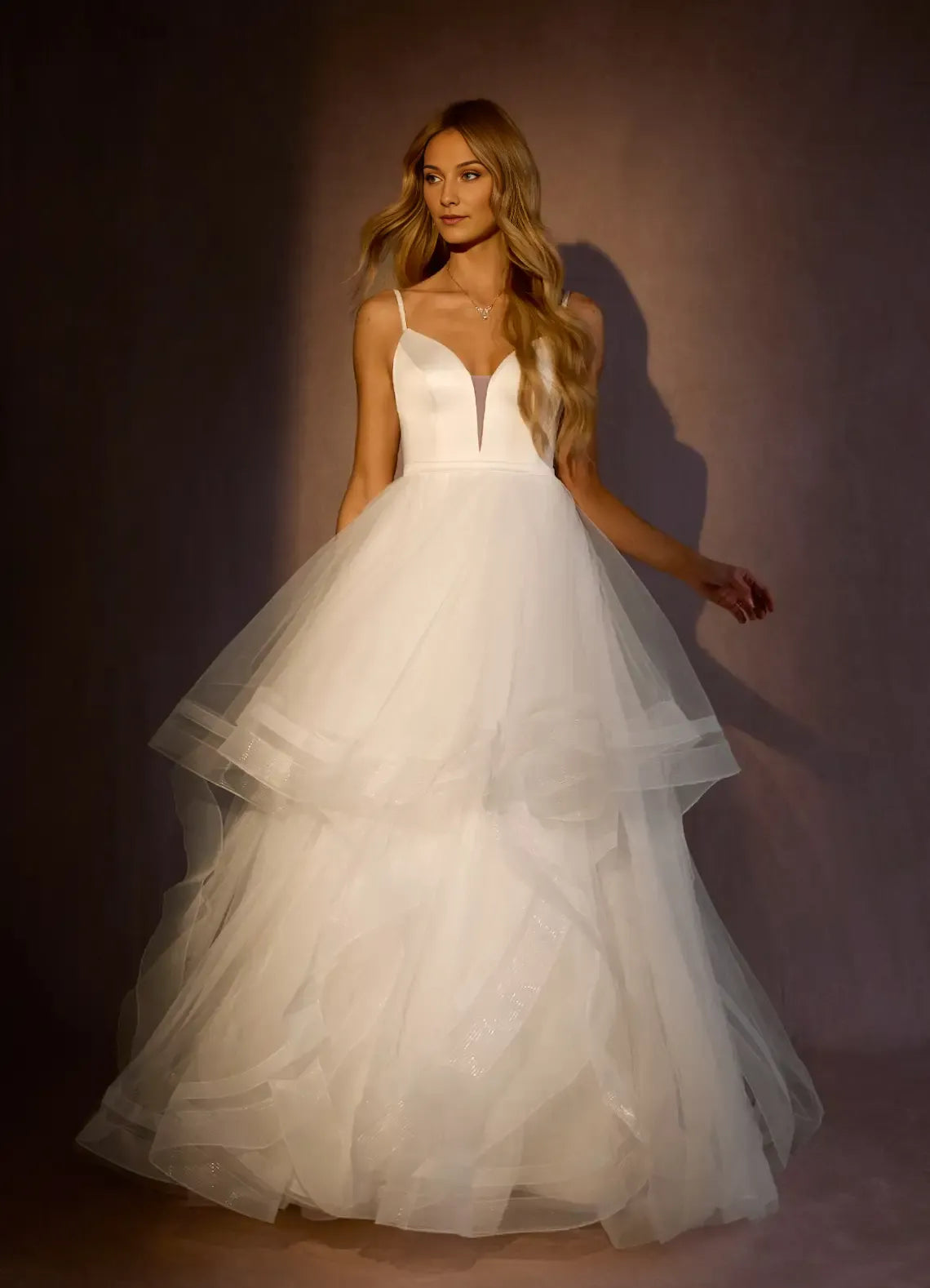 Spaghetti Strap V - Neck Wedding Dress with Layered Skirt and Bodice for a Dreamy Bridal Look