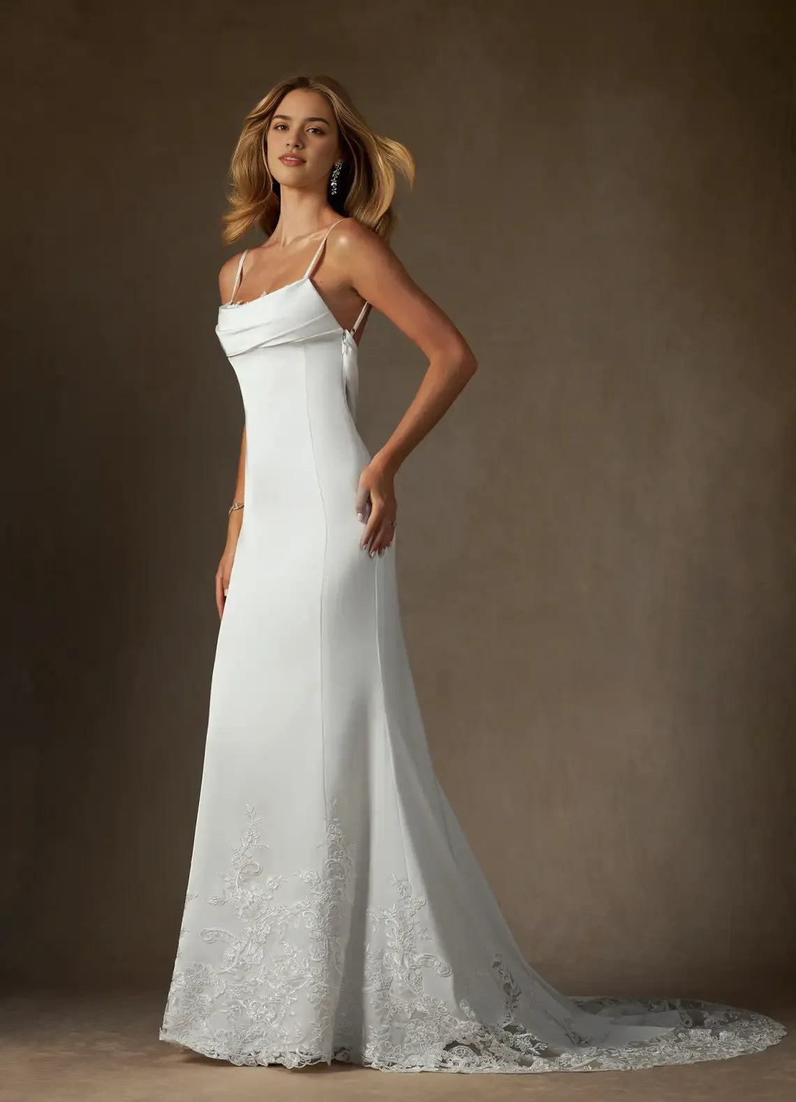 Spaghetti Strap Wedding Dress Cowl Neckline Sheer Train Figure Hugging Silhouette Perfect for Timeless Bridal Looks