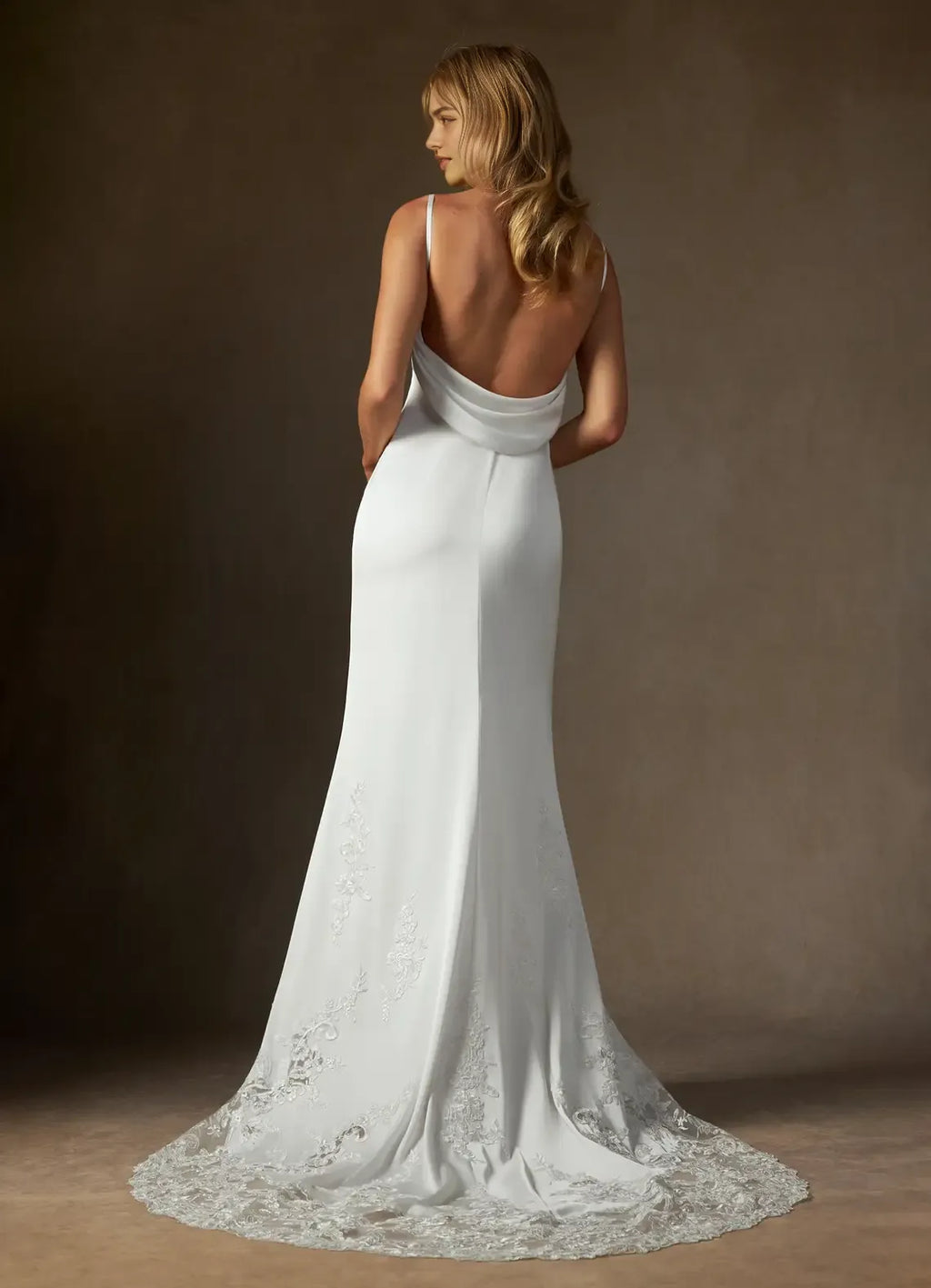 Spaghetti Strap Wedding Dress Cowl Neckline Sheer Train Figure Hugging Silhouette Perfect for Timeless Bridal Looks