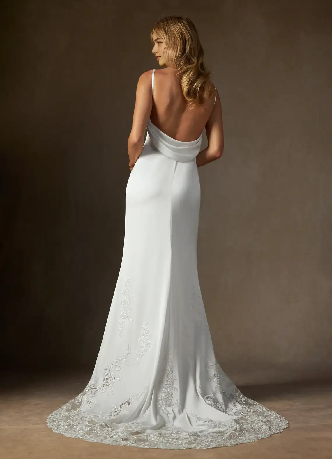 Spaghetti Strap Wedding Dress Cowl Neckline Sheer Train Figure Hugging Silhouette Perfect for Timeless Bridal Looks
