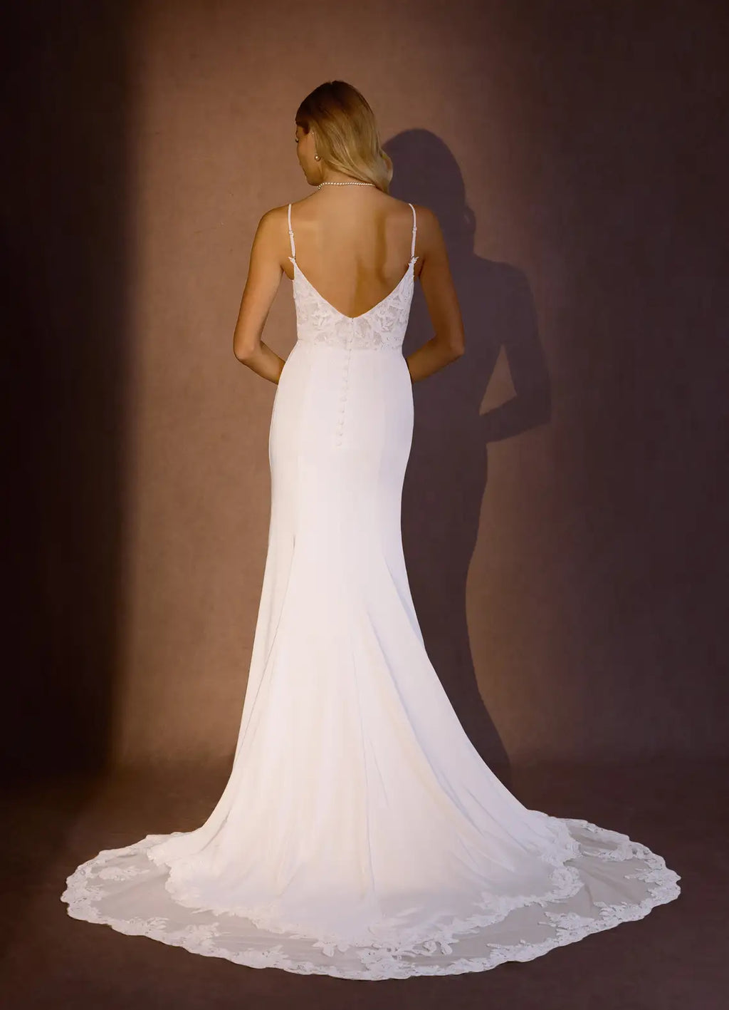 White Spaghetti Strap Mermaid V-Neck Back Wedding Dress Bodice High Slit