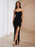 Black Sparkle Gown Sweetheart Neck Spaghetti Straps Slit for Sophisticated Evenings