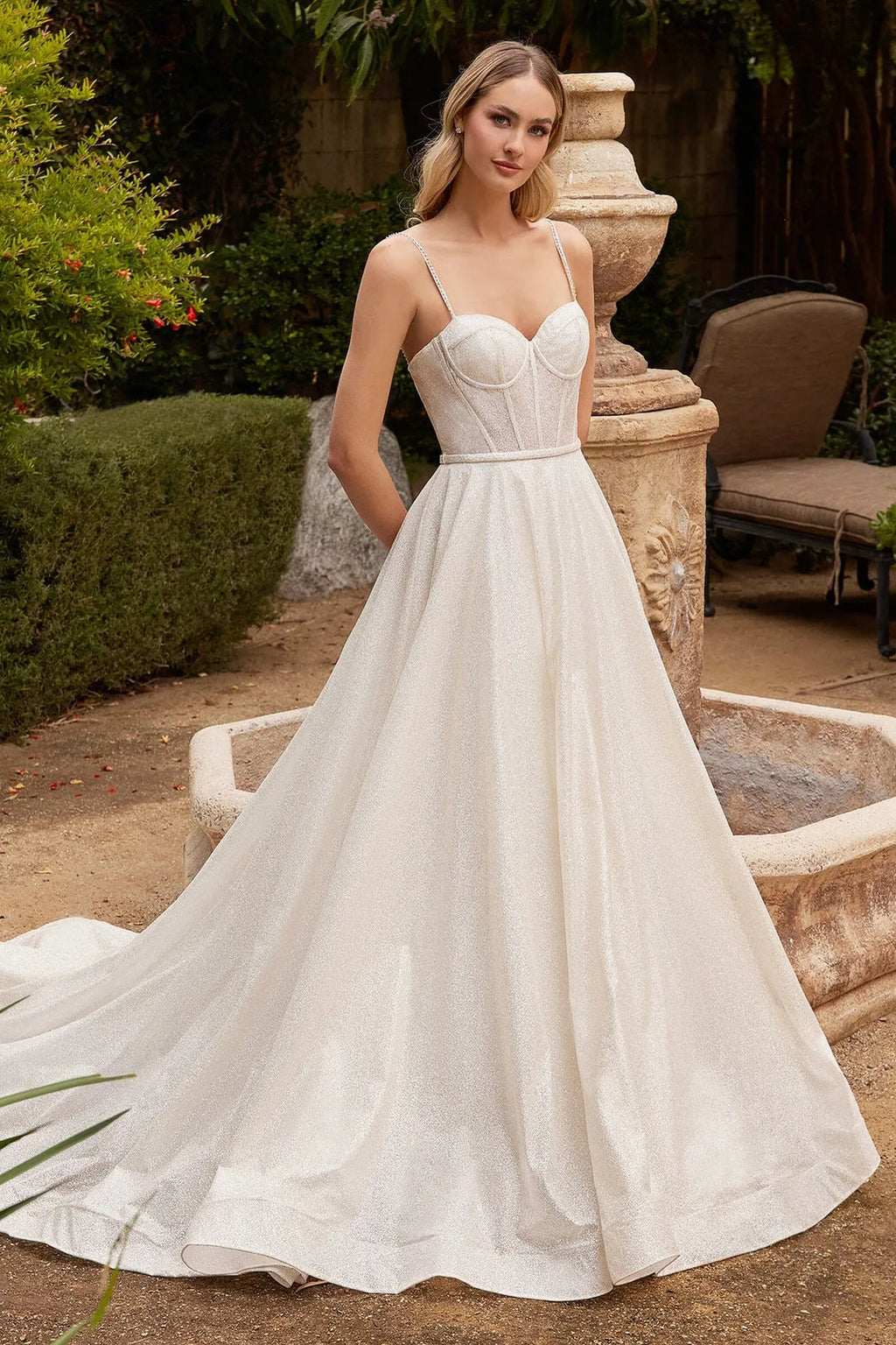 White Sparkle Prom Dress with Strapless Corset Bodice Ball Gown Silhouette and Train Perfect for Enchanting Ballroom Moments