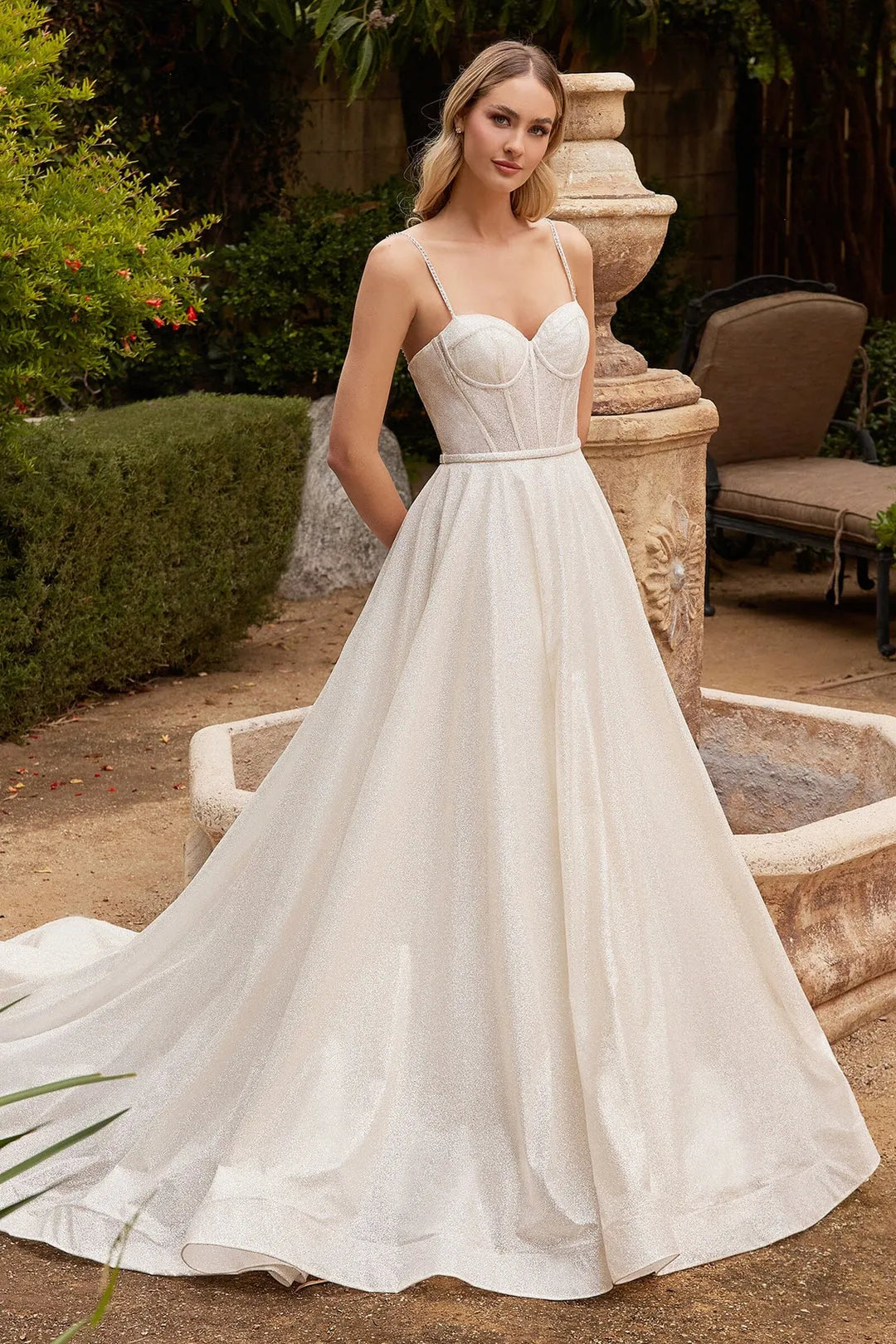 White Sparkle Prom Dress with Strapless Corset Bodice Ball Gown Silhouette and Train Perfect for Enchanting Ballroom Moments