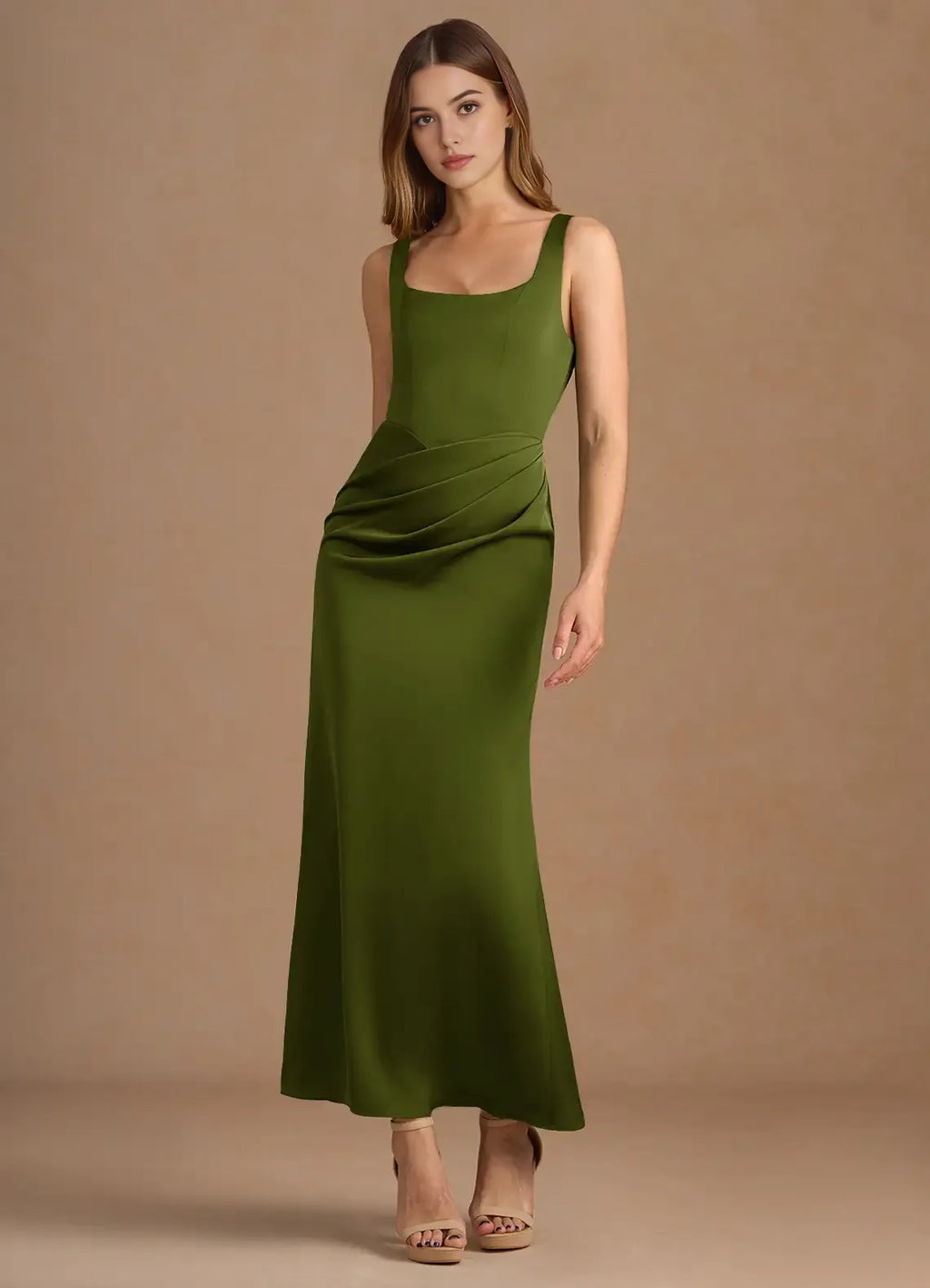 Green Square - Necked Olive Prom Dress with Ruched Waist Detail and Figure - Hugging Silhouette for Formal Events