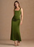 Green Square - Necked Olive Prom Dress with Ruched Waist Detail and Figure - Hugging Silhouette for Formal Events