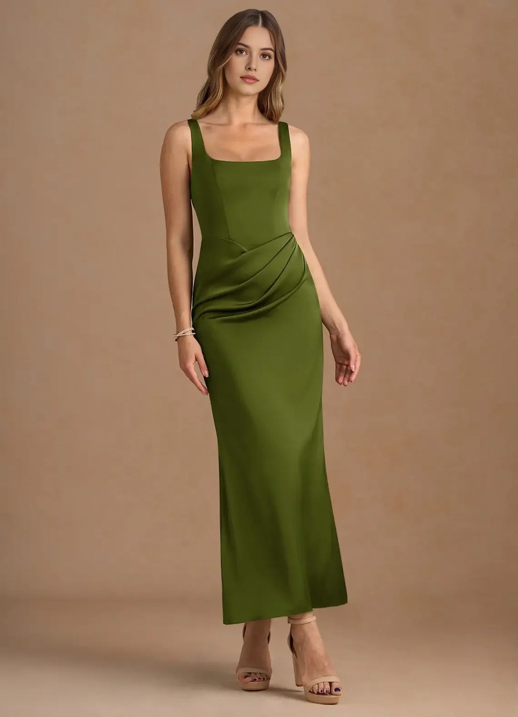 Green Square - Necked Olive Prom Dress with Ruched Waist Detail and Figure - Hugging Silhouette for Formal Events