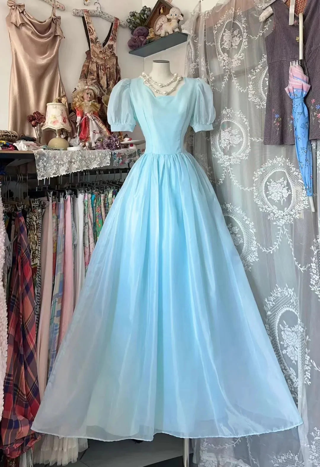 Light Blue Square Neck Puff Sleeve Simple Light Maxi Prom Dress