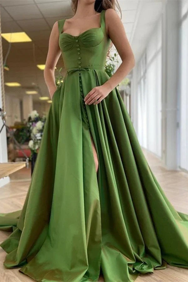 Green Square Neck Sleeveless Buttoned Maxi Prom Dress