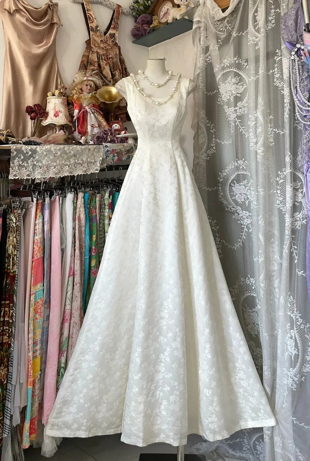 White Square Neck Sleeveless Floral Maxi Prom Dress