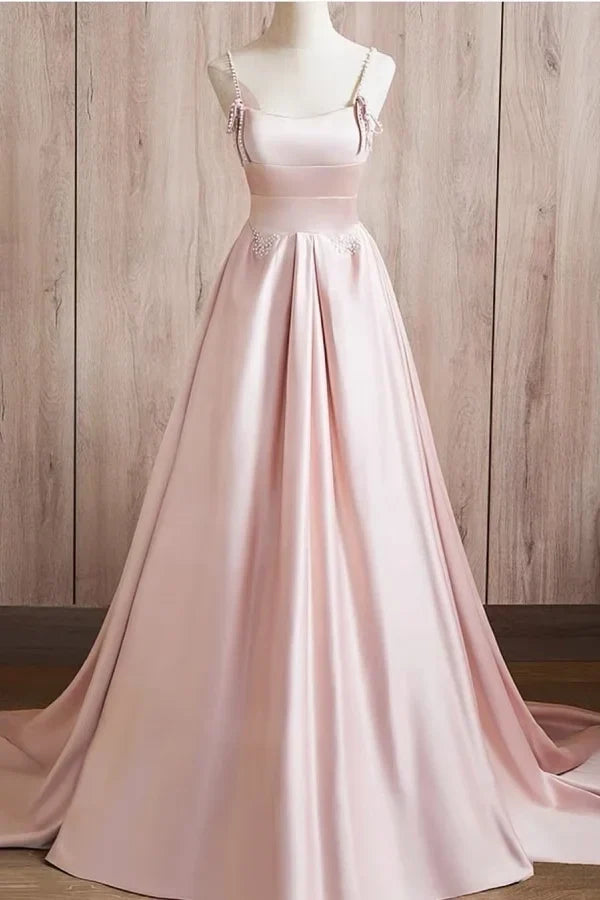 Blush Pink Square Neck Spaghetti Strap Blush Maxi Party Dress
