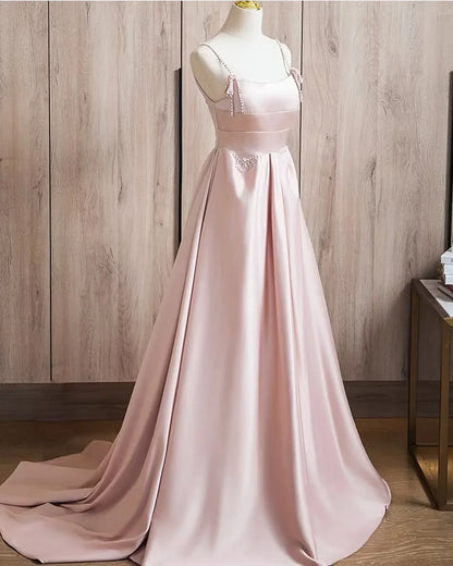 Elegant Pink Lace A-Line Square-Neck Sleeveless Lace-Up-Back Floor-Length Wedding Dress