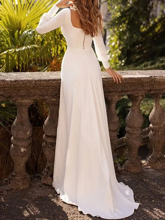 Square Neck Wedding Dress with Puff Sleeves and Flowy Maxi Skirt for Timeless Bridal Look