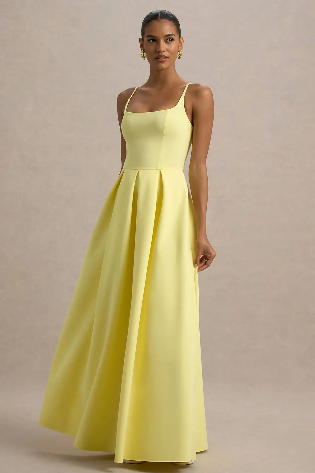 Yellow Square Neckline Spaghetti Strap Prom Dress with Pleated Maxi Skirt in Bright Timeless Formal Evening Gown for Special Occasions