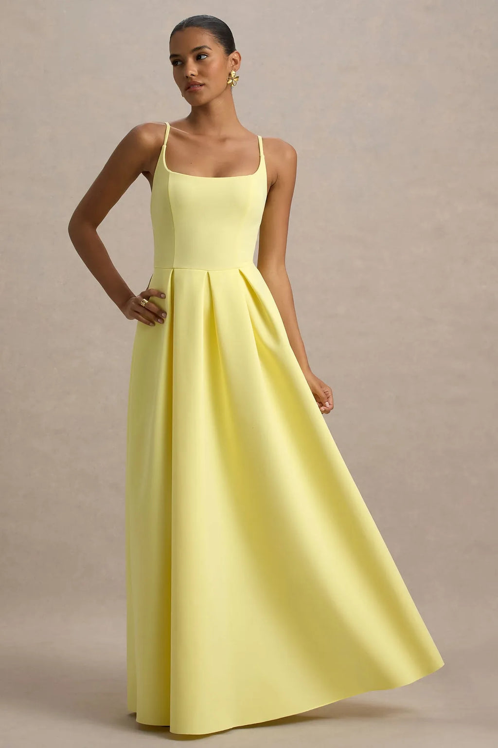 Yellow Square Neckline Spaghetti Strap Prom Dress with Pleated Maxi Skirt in Bright Timeless Formal Evening Gown for Special Occasions