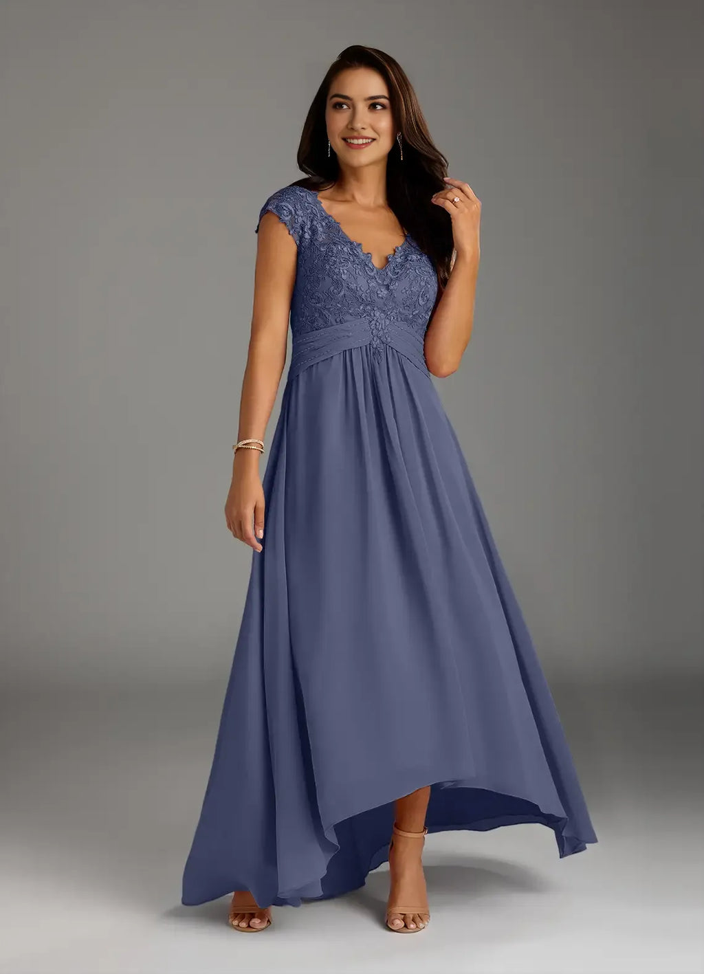 Stormy A-Line Mother of the Bride Dress V - Neck Bodice Cap Sleeves High Low Skirt