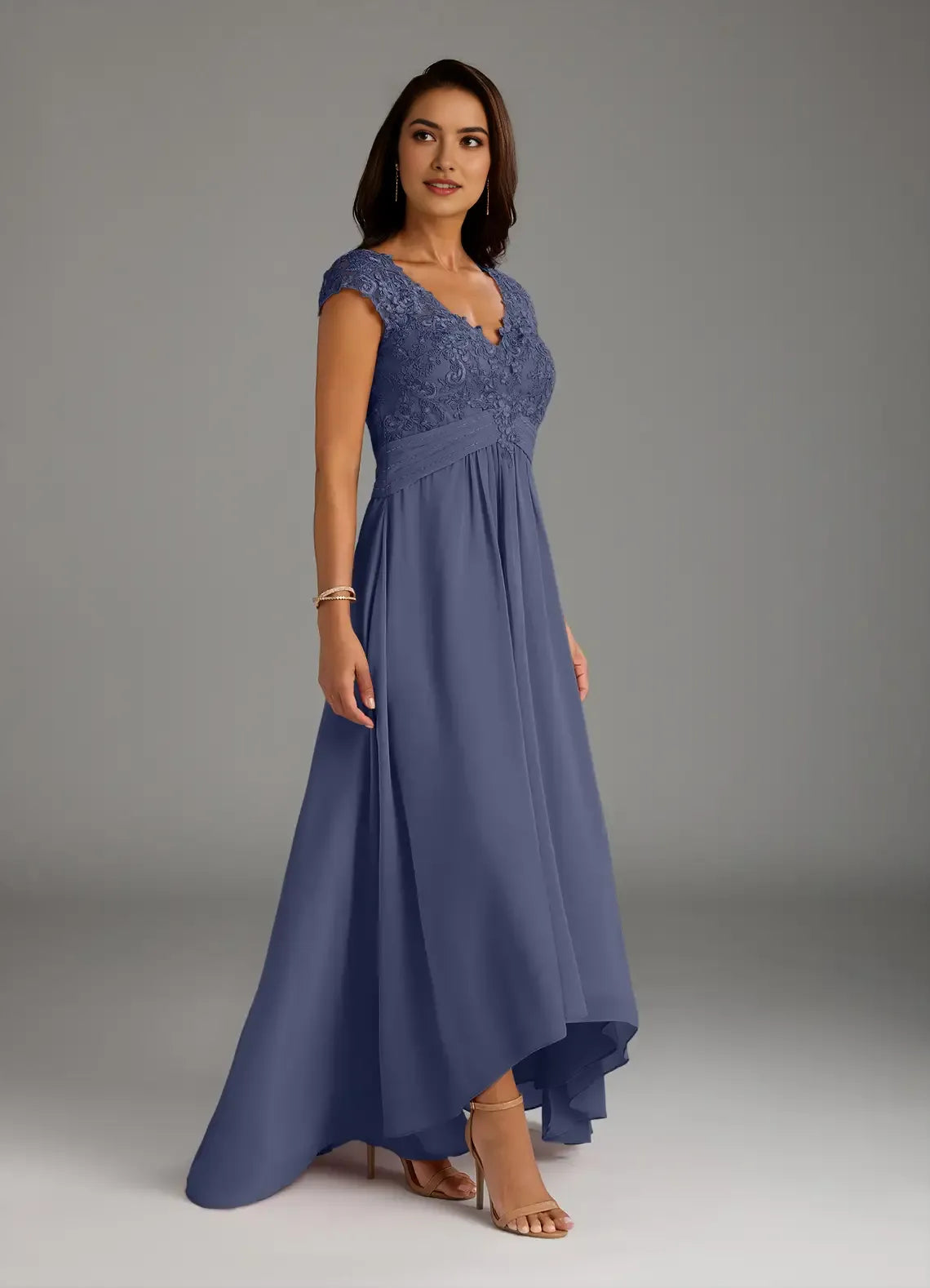 Stormy A-Line Mother of the Bride Dress V - Neck Bodice Cap Sleeves High Low Skirt