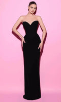 Black Strapless Evening Dresses with Corset Bodice Twist Detail at Waist and Floor Length Mermaid Silhouette