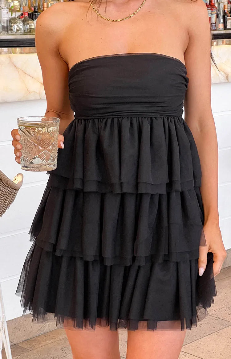Black Strapless Tiered Homecoming Dress Flattering Silhouette for Party Nights