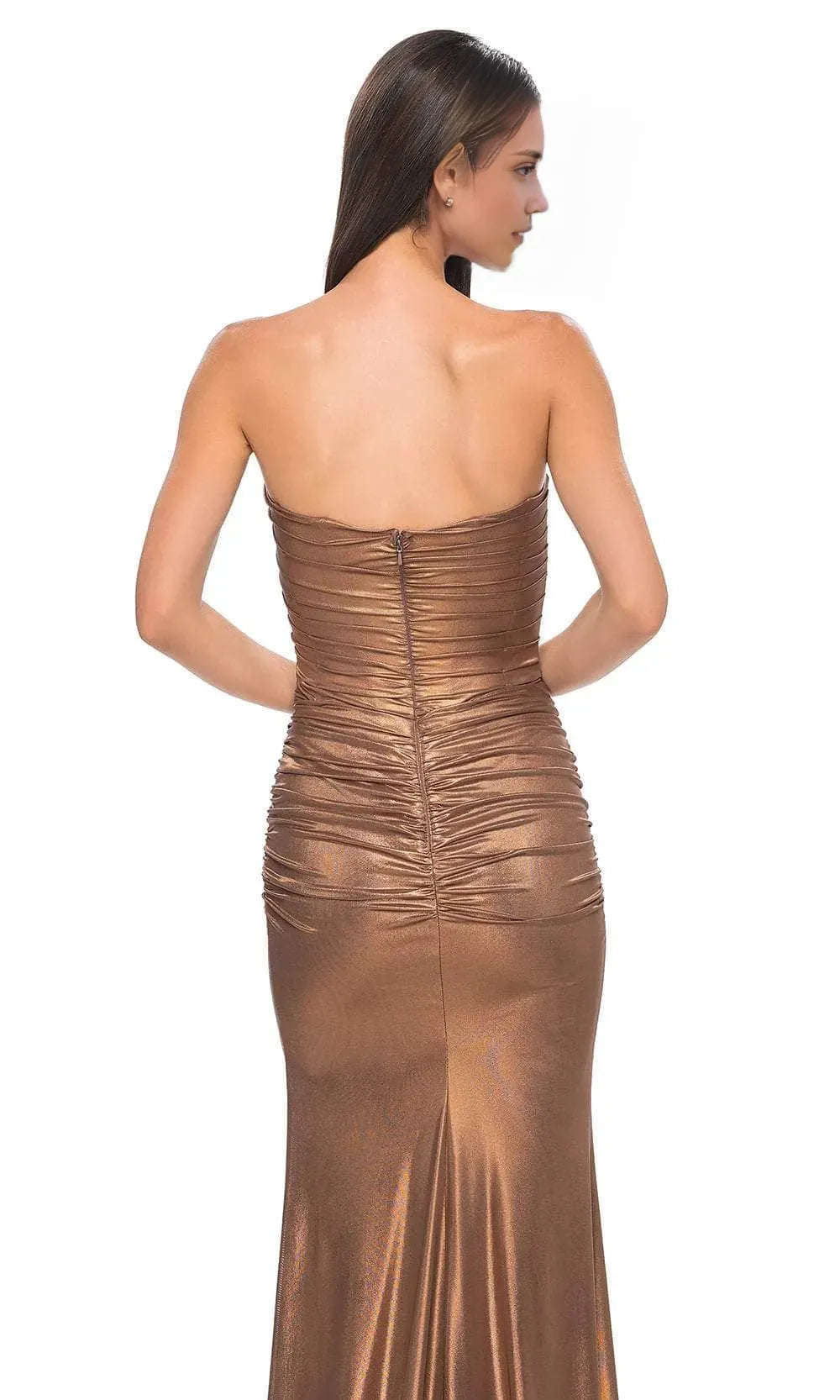 Strapless Bronze Toned Mermaid Prom Dress with Ruched Bodice for Formal Evening Galas