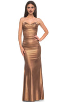 Strapless Bronze Toned Mermaid Prom Dress with Ruched Bodice for Formal Evening Galas