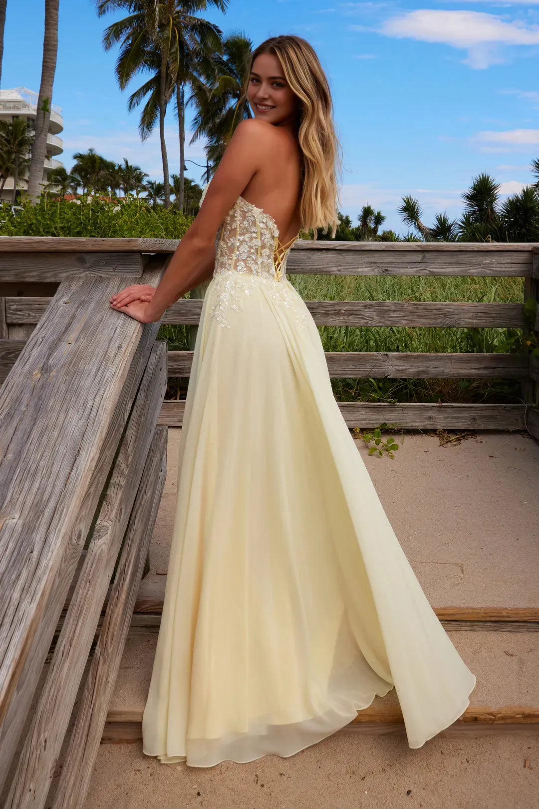Champagne Strapless Prom Dress with Bodice Sheer Waist Flowy Skirt for Formal Occasions