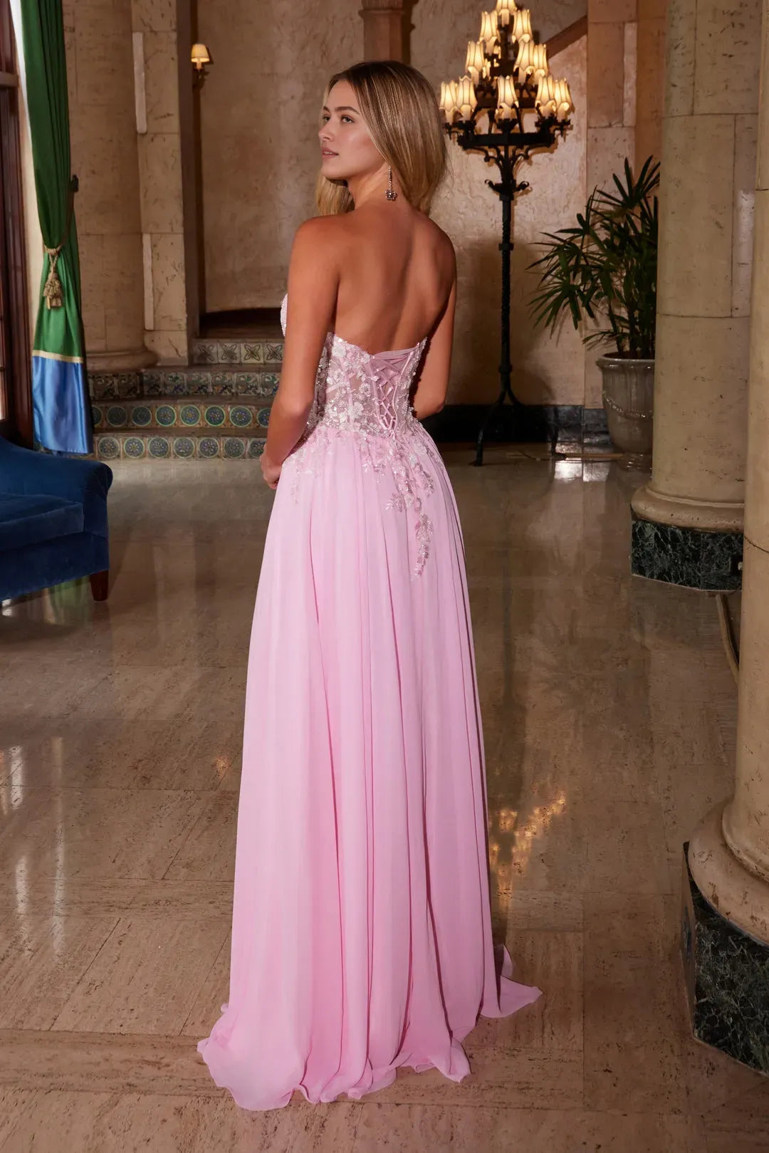Champagne Strapless Prom Dress with Bodice Sheer Waist Flowy Skirt for Formal Occasions