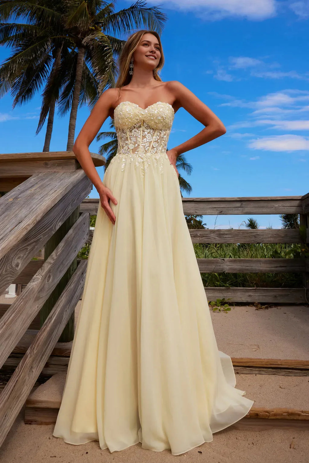 Champagne Strapless Prom Dress with Bodice Sheer Waist Flowy Skirt for Formal Occasions