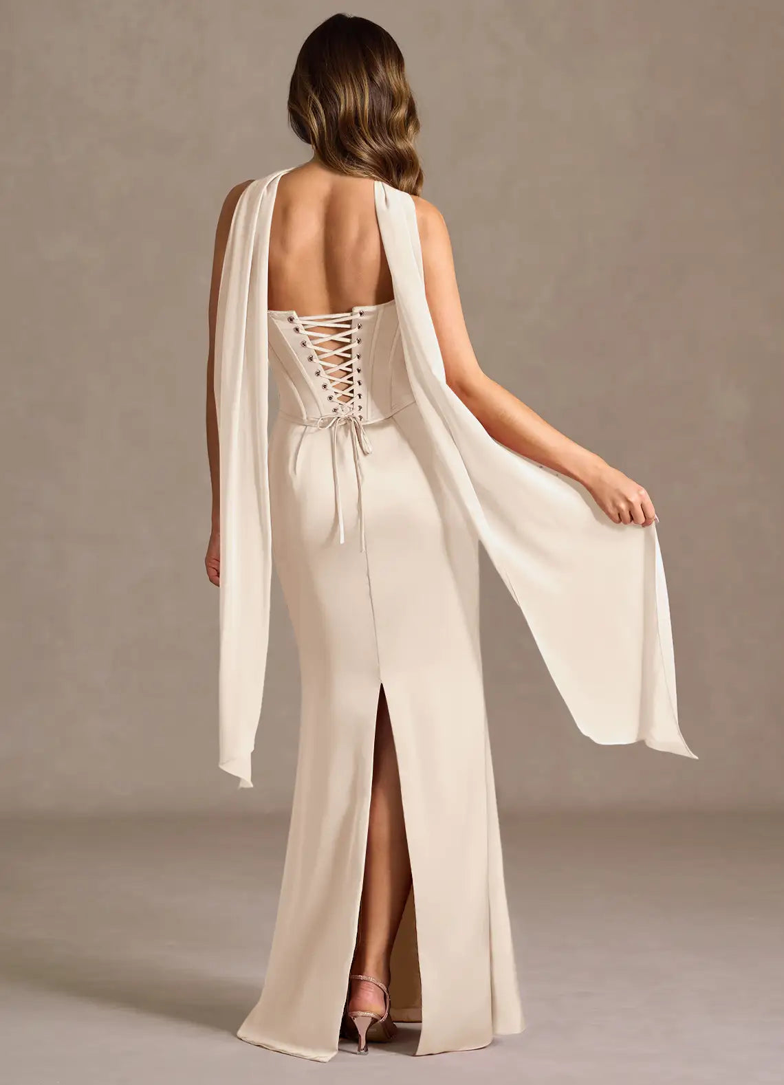 Champagne Strapless Prom Dress with Corset Bodice and Draped Scarf Detail